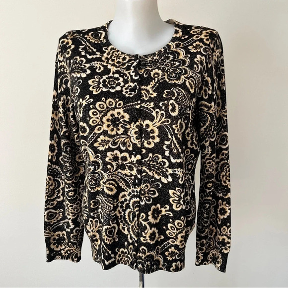 Talbots Cardigan Floral Paisley Metallic Gold Black Button Down Long Sleeve Sz M - Picture 1 of 11